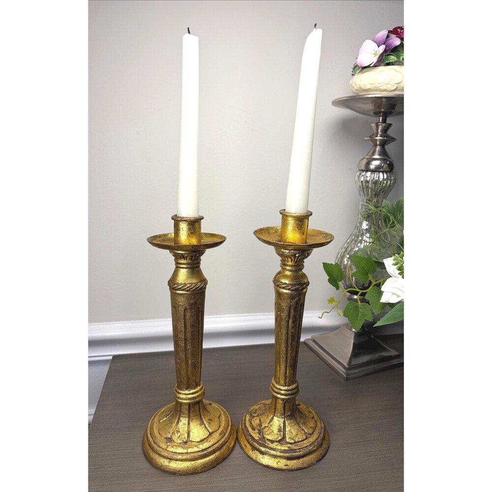 Gold Gilt Candlesticks Pair Florentine Column Taper Candle Holders Vintage